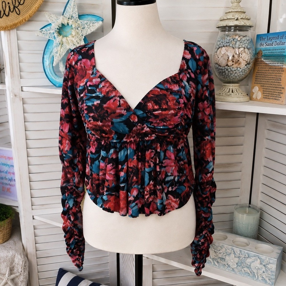 SO Black Floral Ruched Long Sleeve Deep V Neck Blouse XL Mesh Peplum Top